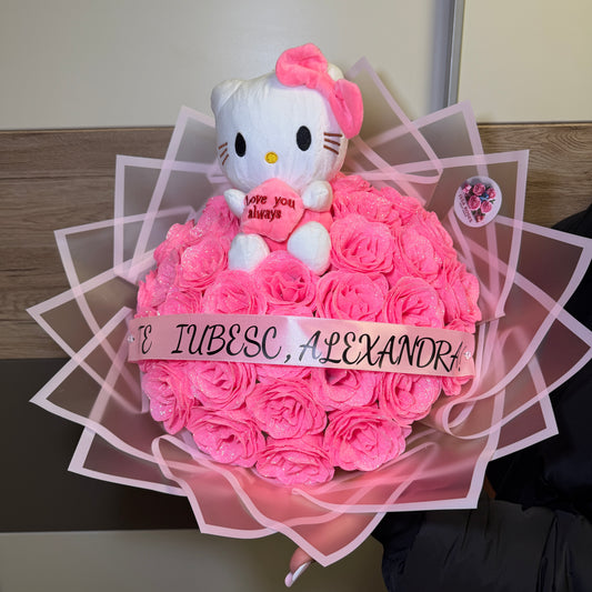 Buchet 29 Trandafiri Premium sclipici + Hello Kitty