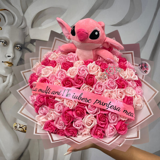 Buchet 101 Trandafiri + Stitch Mediu